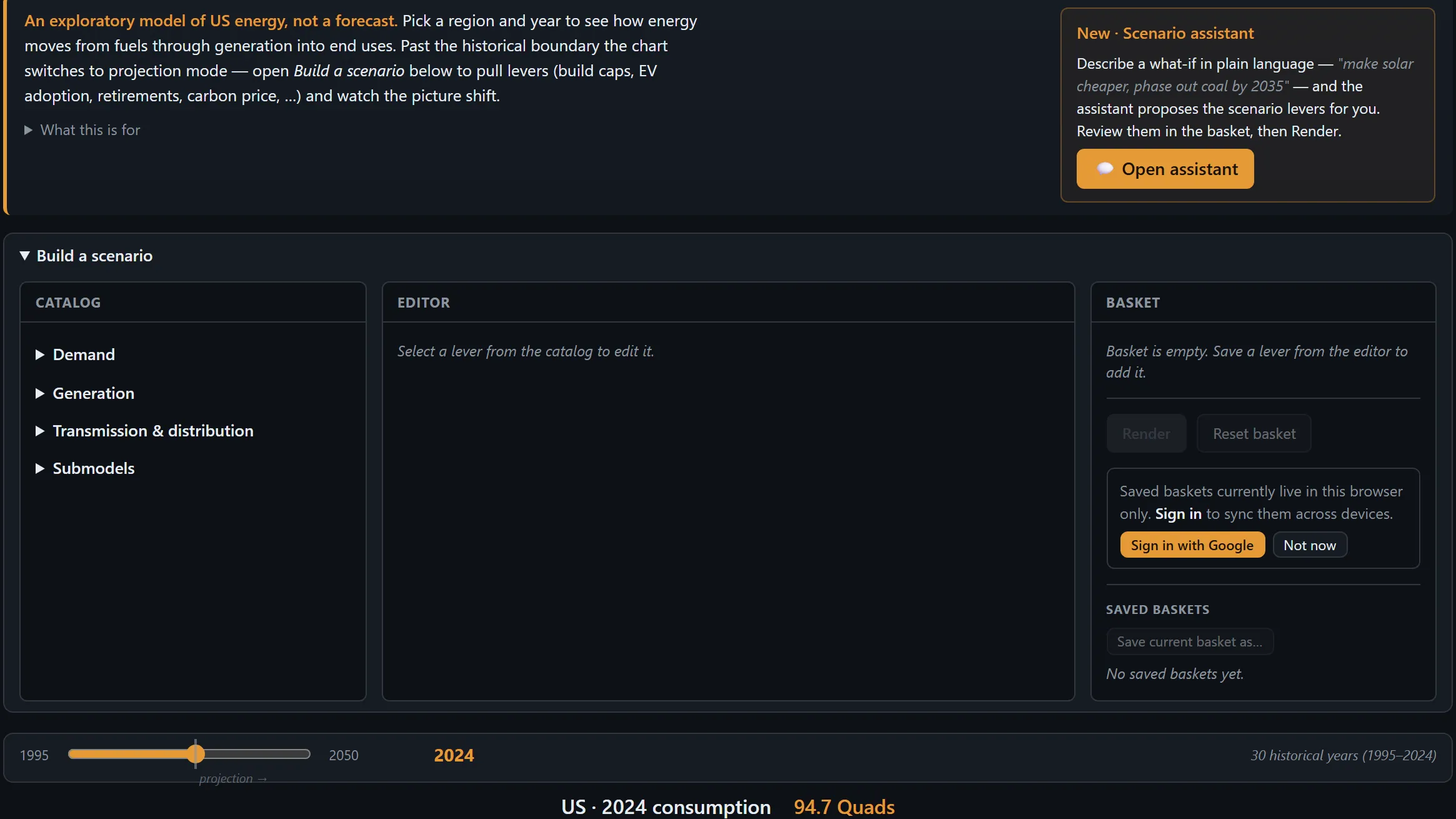 Scenario builder panel with adjustable assumptions beside the Sankey chart